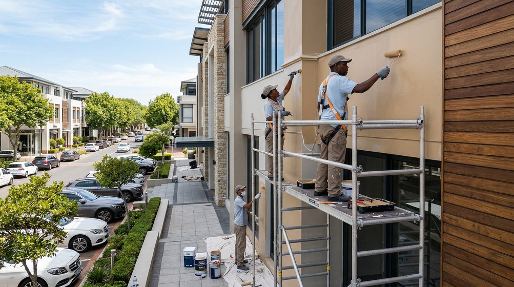 Professional commercial painters on scaffolding painting a building on the Parow