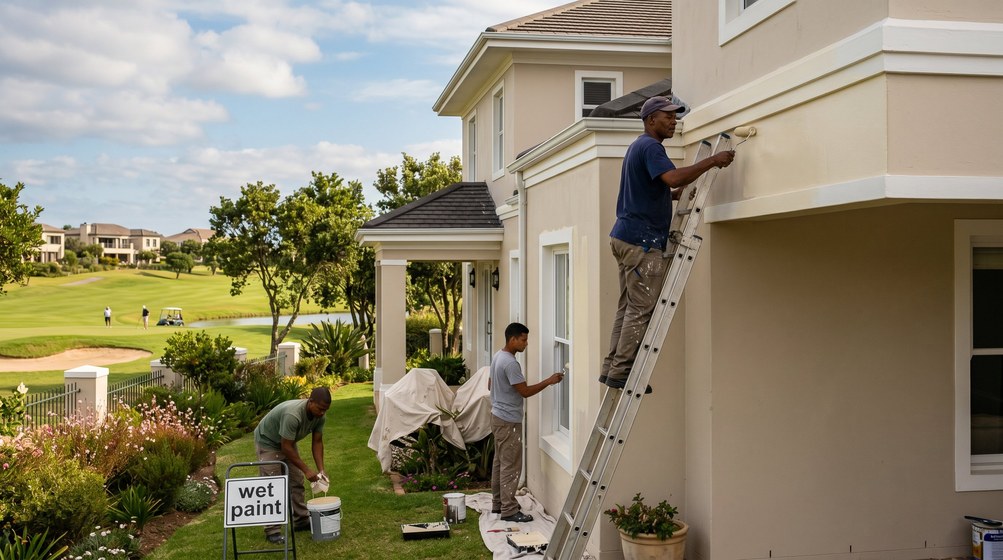 Professional estate painters painting a luxury golf estate home on the Parow