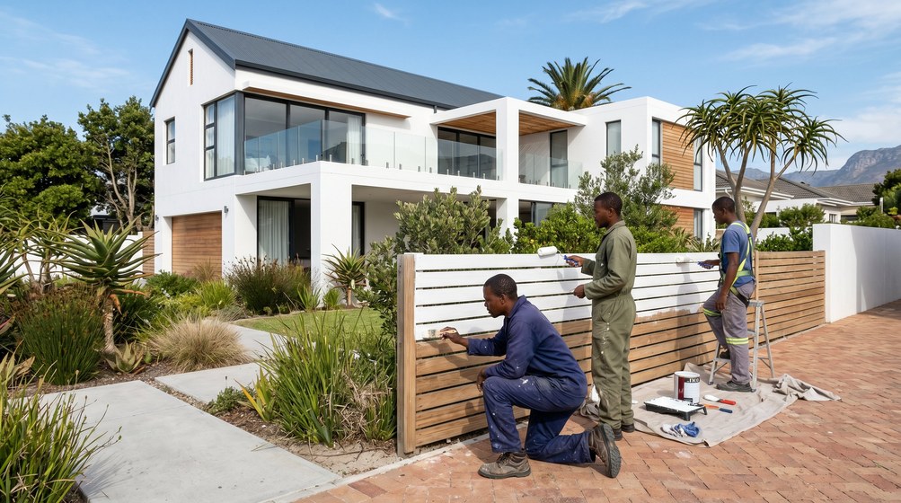 Professional fence painters painting a wooden fence at a Parow home in Parow