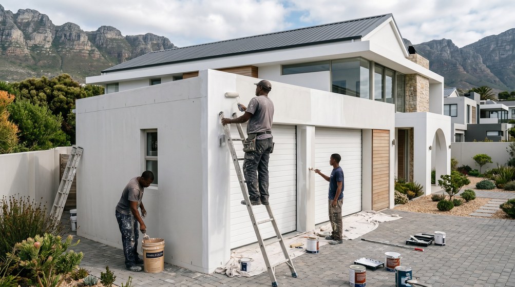 Professional painters painting a double garage exterior and garage doors in Parow