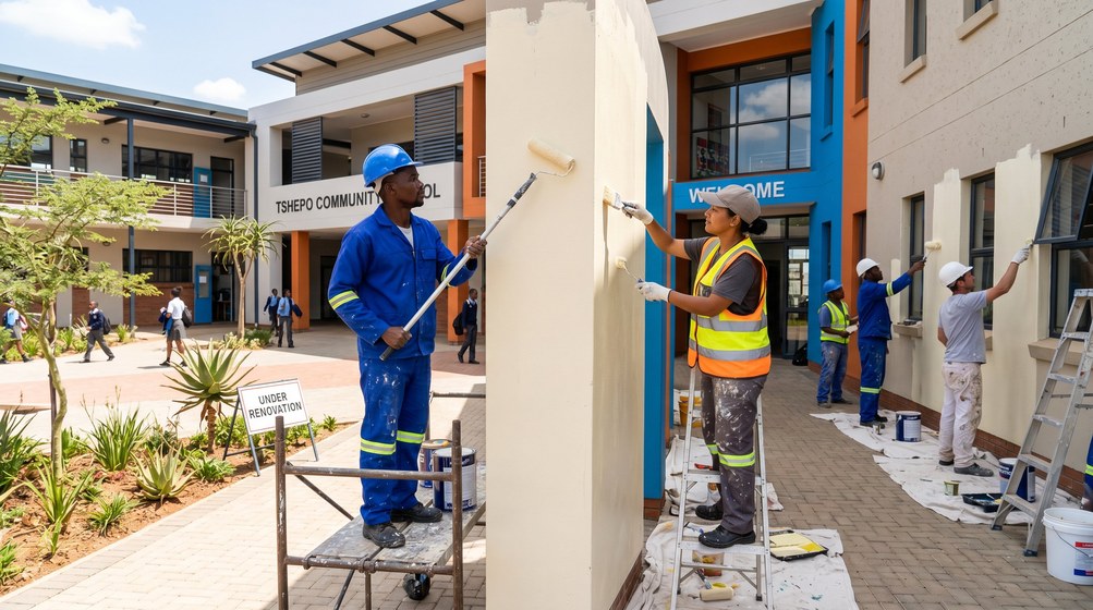 Professional school painting team painting a community school on the Parow
